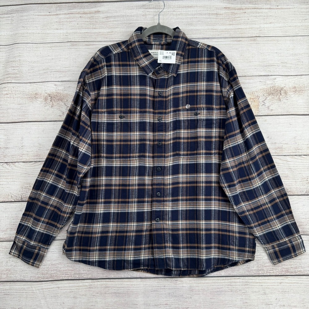 American Eagle Flannel Shirt Mens L Blue Plaid Relaxed Fit Cotton 3003-405